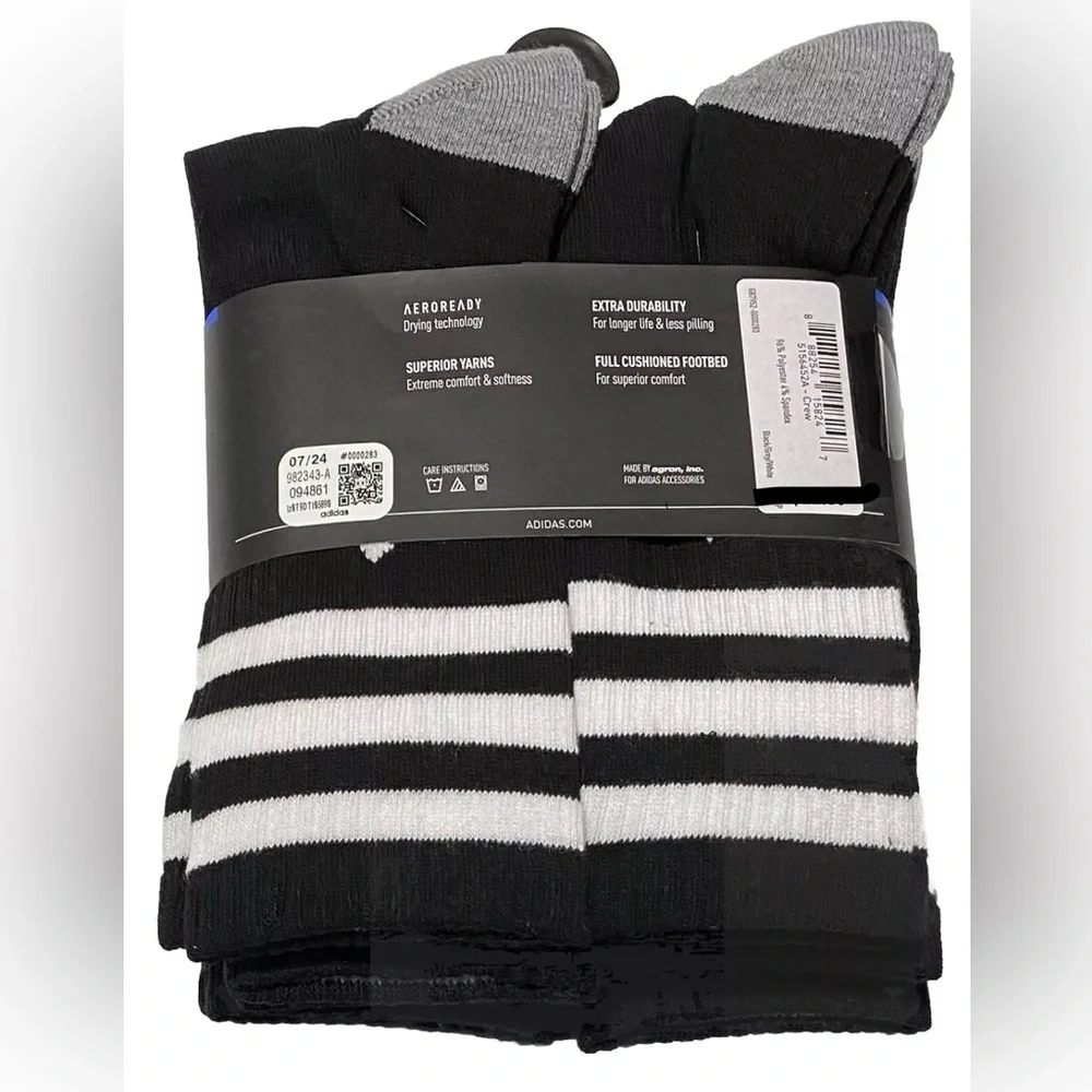 Adidas Men’s Cushioned 3 stripe roller black white crew socks 6 pair pack NEW